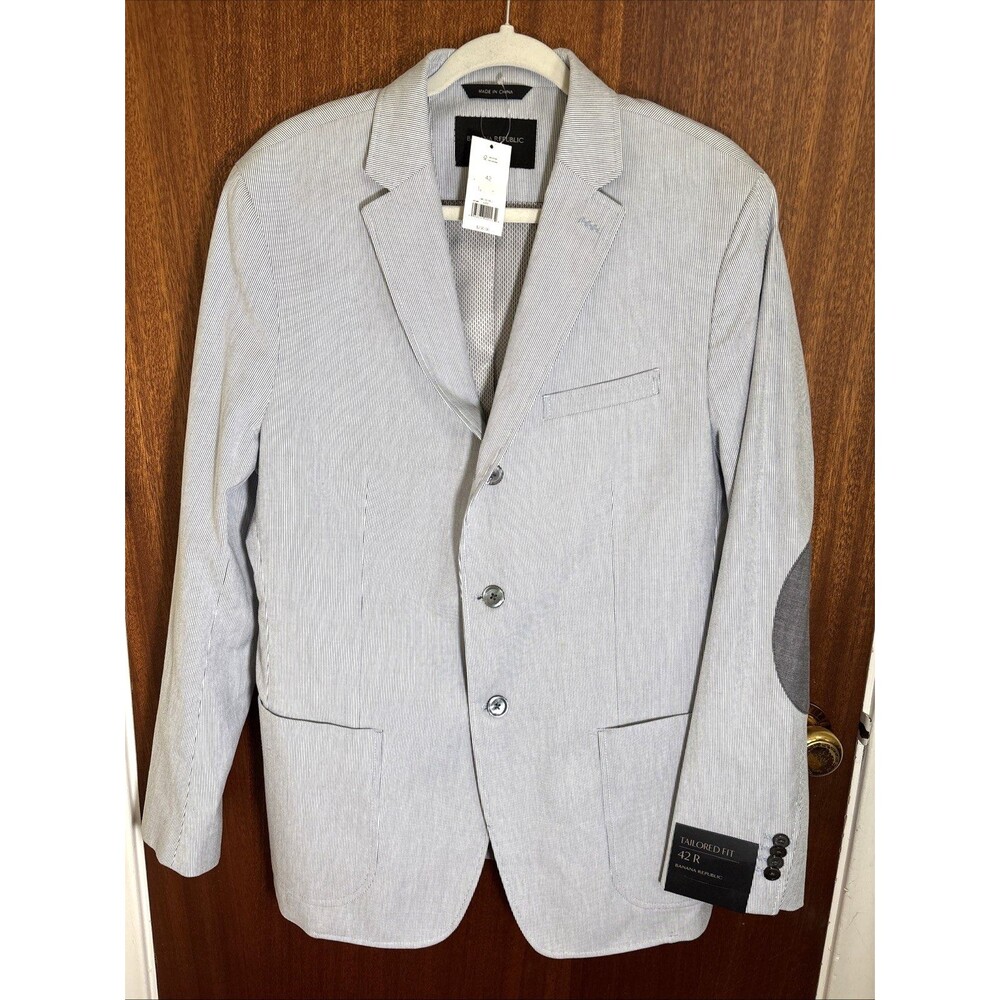 Banana Republic Blazer Men 42R Gray/Blue Pin Stripe Tailored Fit Elbow Patch NWT